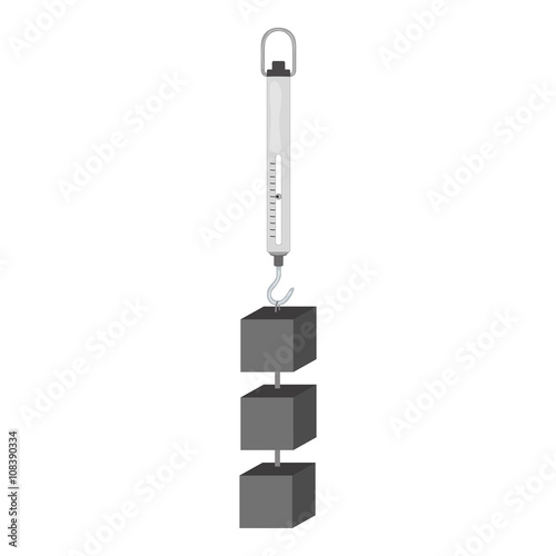 Isolated gray dynamometer with a hook, result indicator and cube weight load for scientific purposes on a white background - Eps10 Vector graphics and illustration
