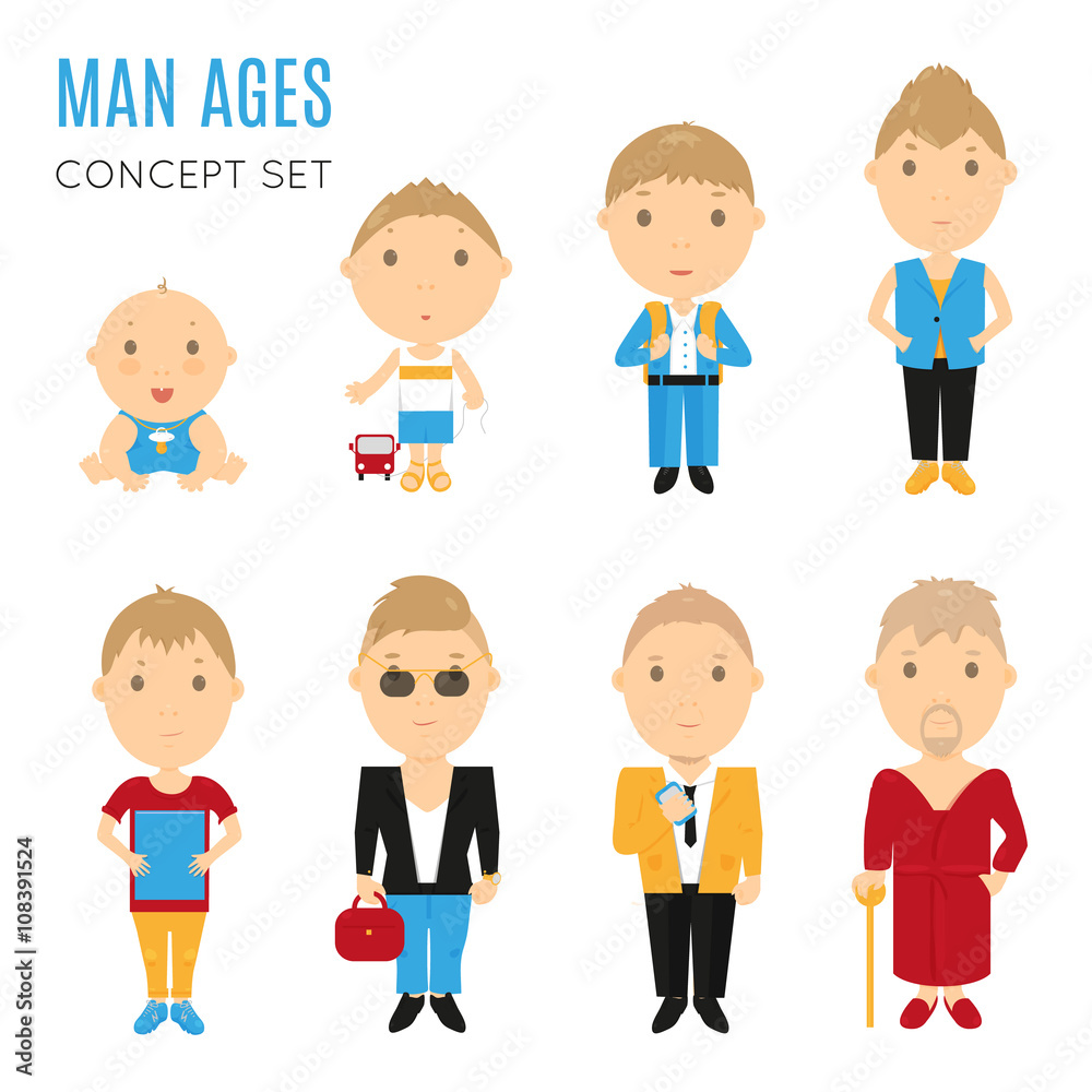 Set of casual man age flat icons Set of casual man age flat icons