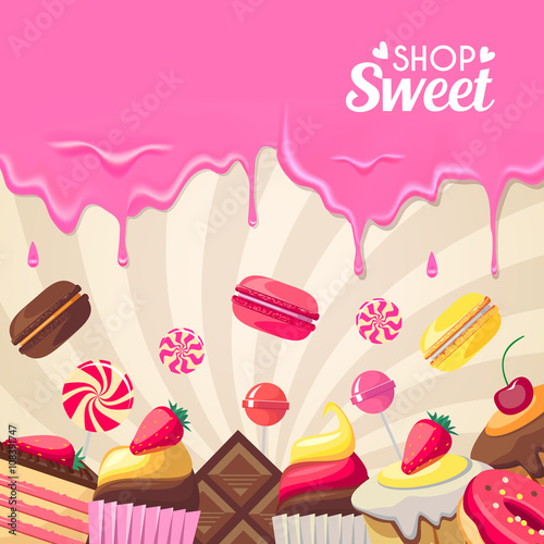 Sweet dessert food frame isolated on white background.