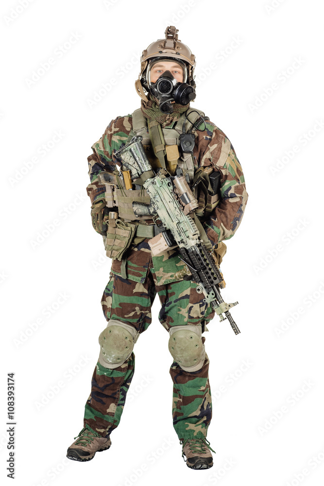 soldier or private military contractor with rifle and gas mask. war, army, weapon, technology and people concept. Image on a white background. soldier or private military contractor with rifle and gas mask. war, army, weapon, technology and people concept. Image on a white background.