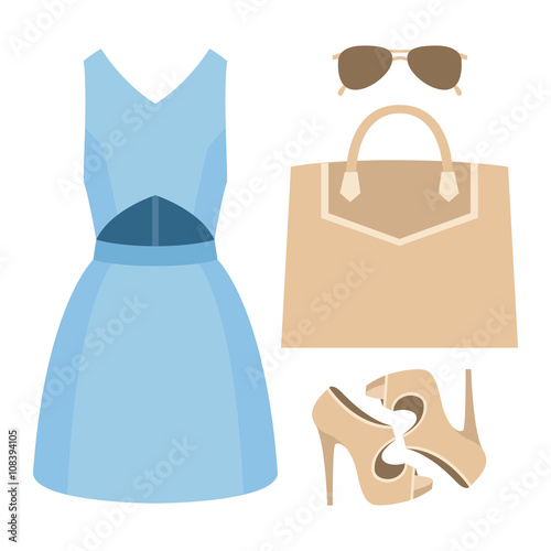 Set of trendy women's clothes with dress and accessories