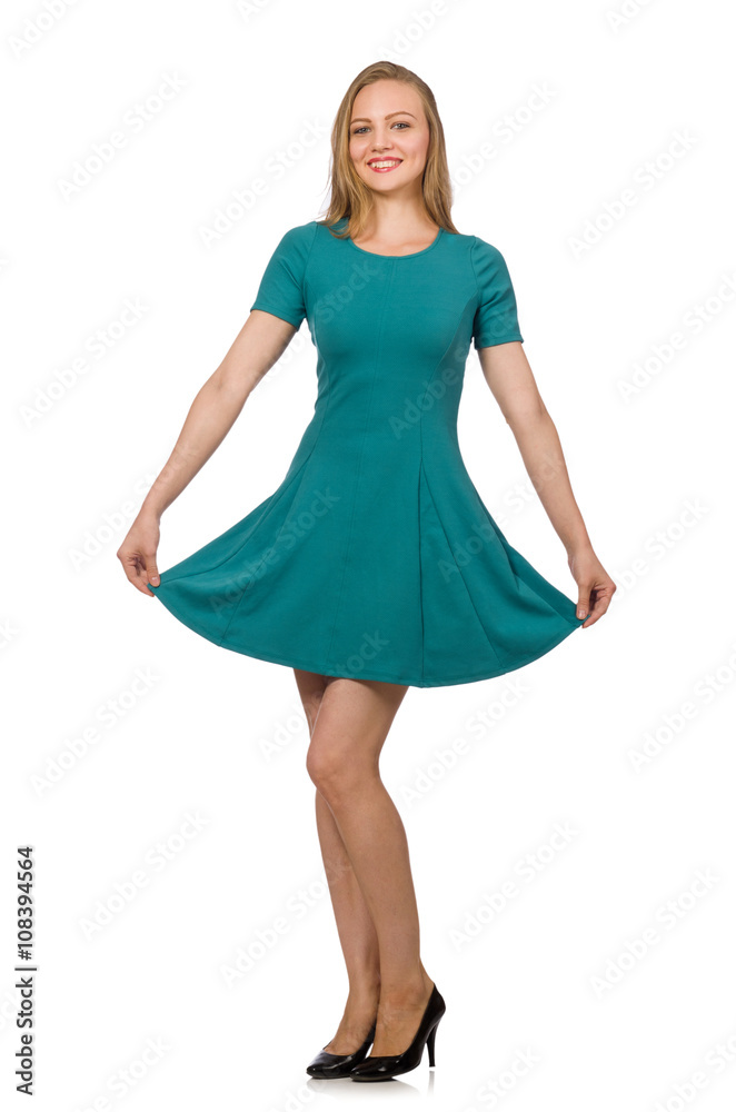 Charming caucasian woman wearing green dress isolated on white Charming caucasian woman wearing green dress isolated on white
