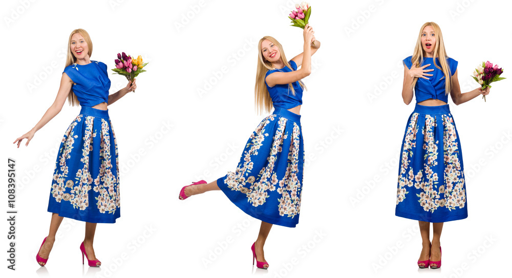 Composite photo of woman with tulips on white Composite photo of woman with tulips on white