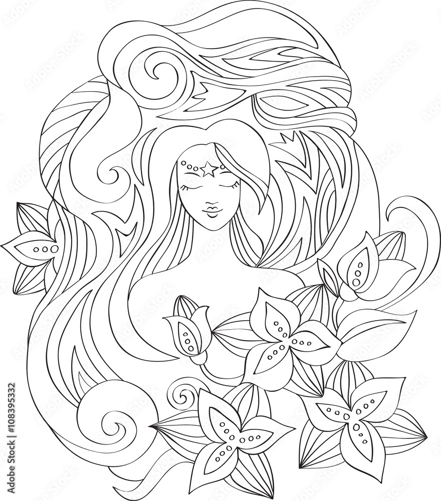 Fototapeta premium Contour girl with flowers