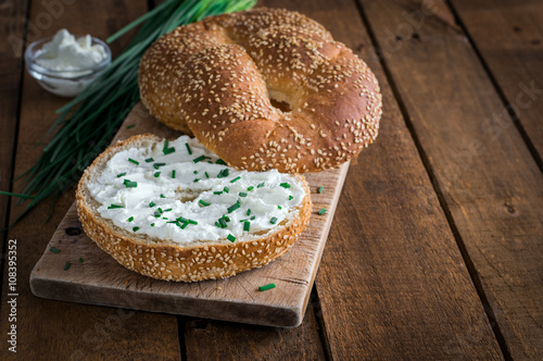Healthy Eating Bagel With Cream Cheese Sandwich For Breakfast