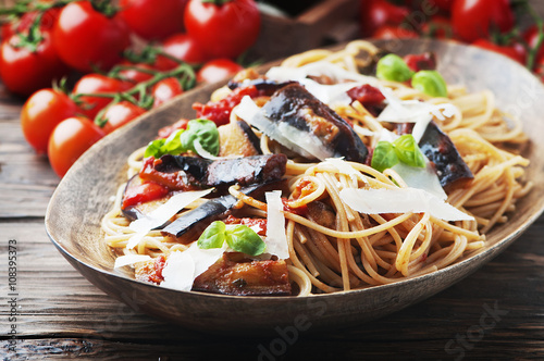 Italian traditional pasta with eggplant alla norma