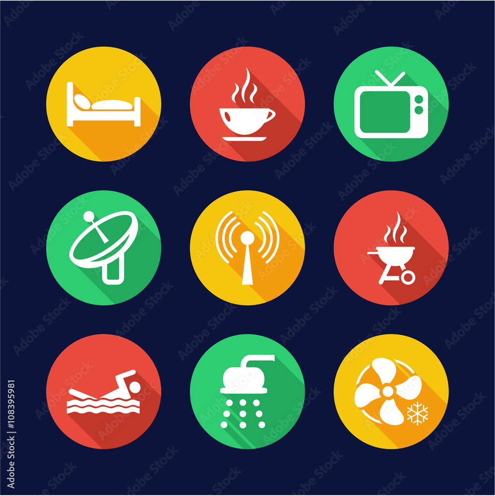 Motel Or Hotel Icons Flat Design Circle
