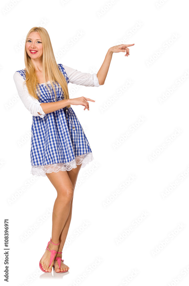 Caucasian woman in plaid blue dress isolated on white