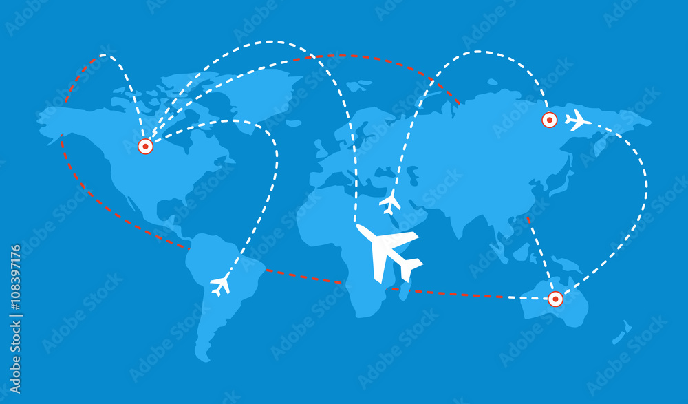 Vector illustration of a tiny flight silhouettes on the map. Flights schedule. Can be used as flyer, cover, business cards, envelope, and brochure background.
