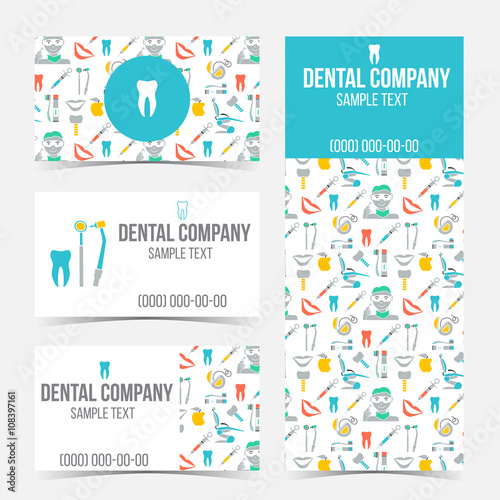 Set of flyer, brochure and business cards for dental clinic. Set of promotional products. Flat design. Vector illustration