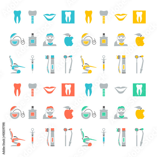Flat line colorful icons collection of dental services, equipment and products for dental care, online support, dental treatment and prosthetics