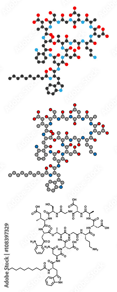 Daptomycin antibiotic drug molecule. Daptomycin antibiotic drug molecule.