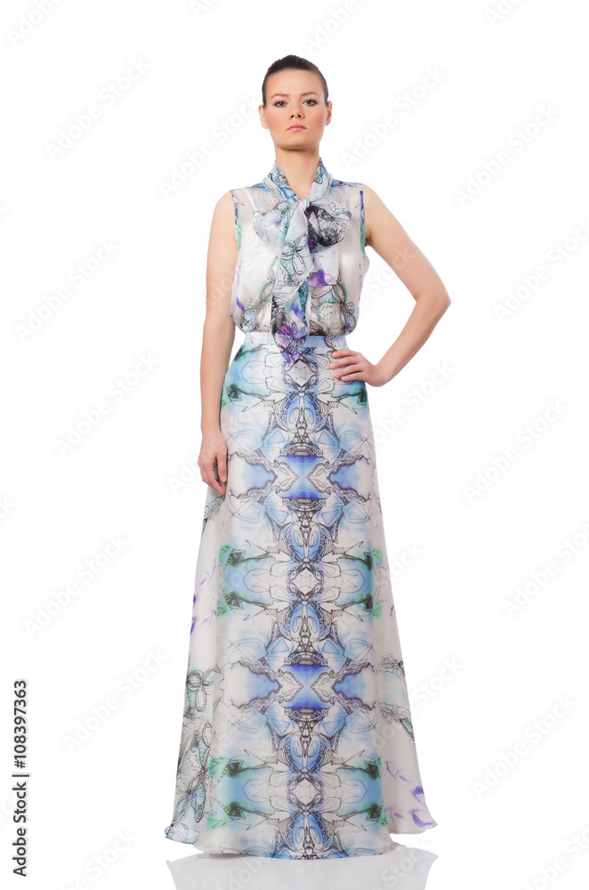 Beautiful girl in elegant long dress isolated on white Beautiful girl in elegant long dress isolated on white