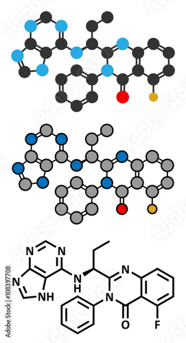 Idelalisib leukemia drug molecule. 