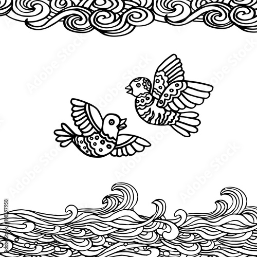 Black and white hand-drawn illustration of two flying birds and clouds decorative
