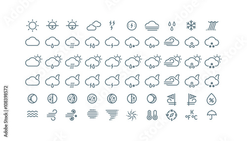 Thin line weather icons collection. Gray icons isolated on white background.