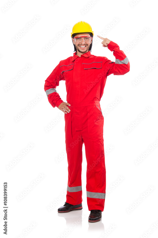 Man wearing red coveralls isolated on white Man wearing red coveralls isolated on white