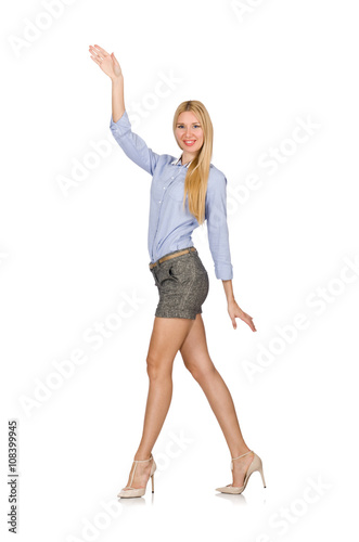 Blondie girl in gray tweed shorts isolated on white
