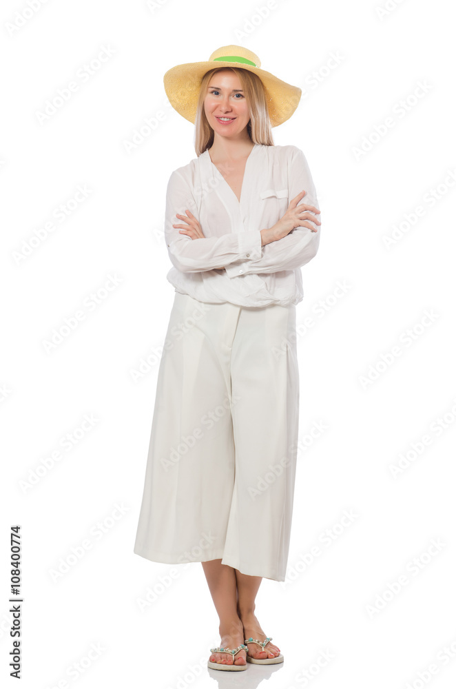 Blond hair model in elegant flared pants isolated on white Blond hair model in elegant flared pants isolated on white