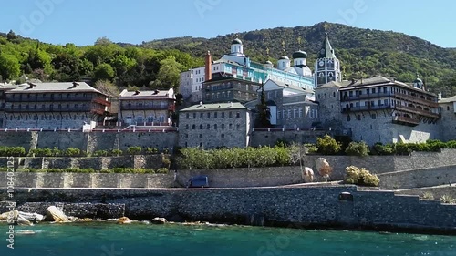 Mount Athos, Chalkidiki Greece - Monastery of St. Panteleimon. Sea view of Agios Panteleimon monastery at Agion Oros. The Autonomous Monastic State of the Holy Mountain is home  to 20 monasteries. photo