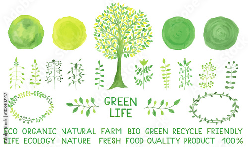 Set of watercolor logotypes. Green spots, labels, badges,leaves, branches, plants elements,laurels,wreaths, frames, tree. Organic, bio, ecology, eco natural design template, alphabet. Hand drawn tree.