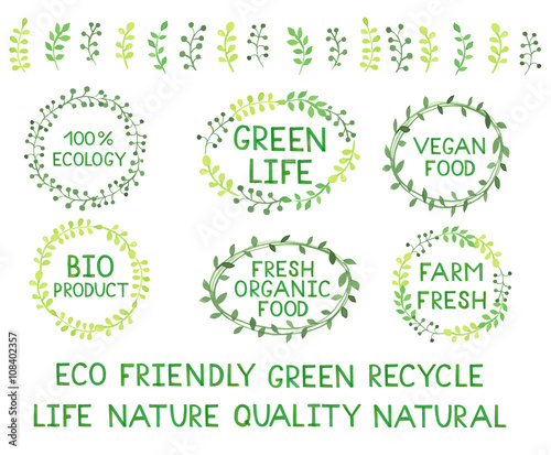 Set of watercolor green logo.Leaves, badges,lettering,branches wreath,plants elements,laurels. Hand drawn painting.Sign label,textured emblem set.Eco friendly,natural, product,organic design template.