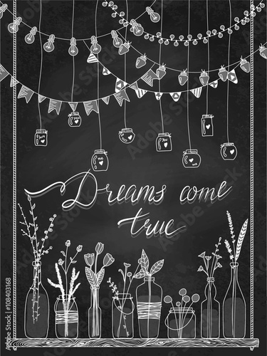 Set of hand drawn borders,garlands, jars, bottles with flowers. Chalkboard background.Lamps, lanterns,flags, jars, bottles on swing. Plants. Decoration vector brushstroke set.Used brushes included.