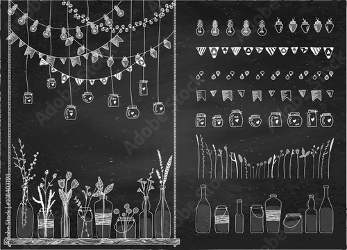 Set of hand drawn borders,garlands, jars, bottles with flowers. Chalkboard background. Doodle lamps, lanterns,flags, ornament, jars, bottles on swing. Plants, flowers, leaves.Used brushes included.