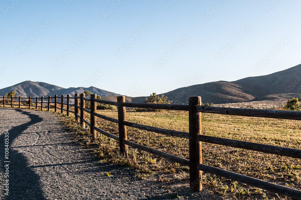 Path towards mountain range at Mountain Hawk Park in Chula Vista, California. 