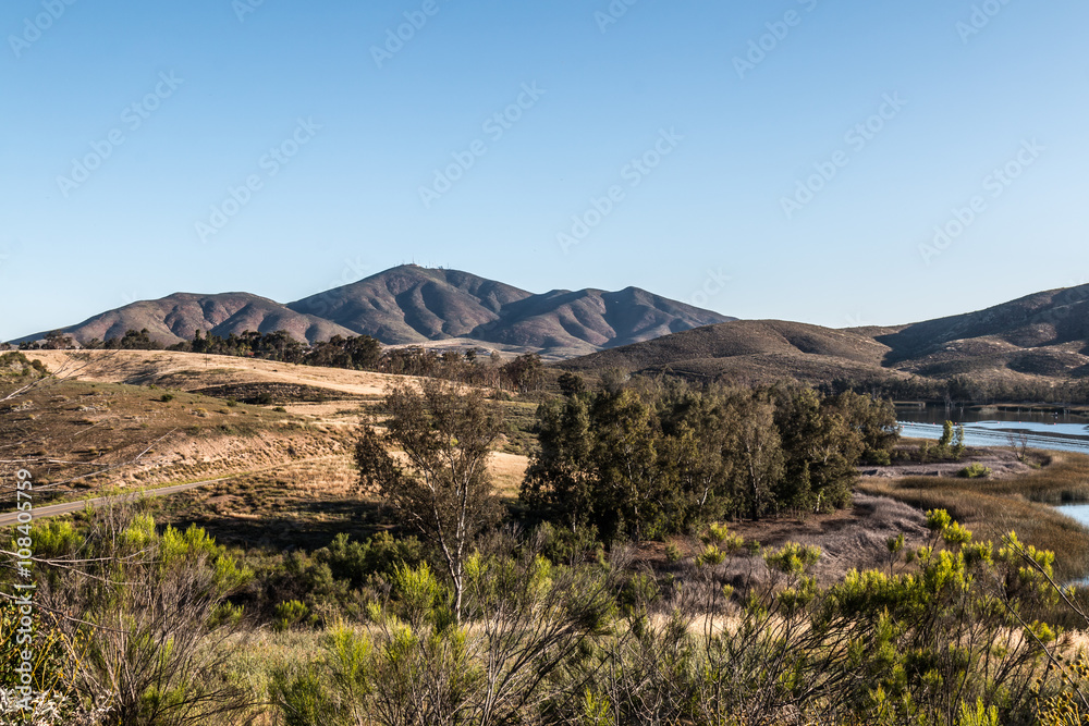 Wilderness with mountain range at Lower Otay Lake in Chula Vista, California. 