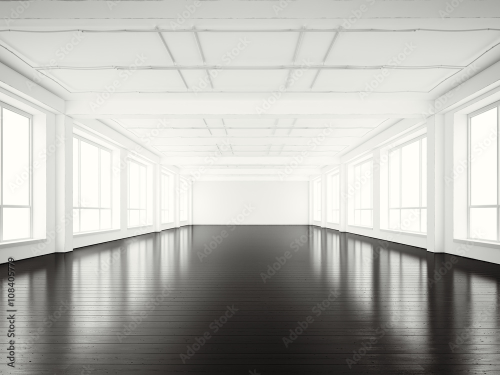 Photo of open space office modern building.Empty white interior loft style with black wood floor and panoramic windows.Abstract background. Ready for business info.Horizontal mockup.3d rendering Photo of open space office modern building.Empty white interior loft style with black wood floor and panoramic windows.Abstract background. Ready for business info.Horizontal mockup.3d rendering