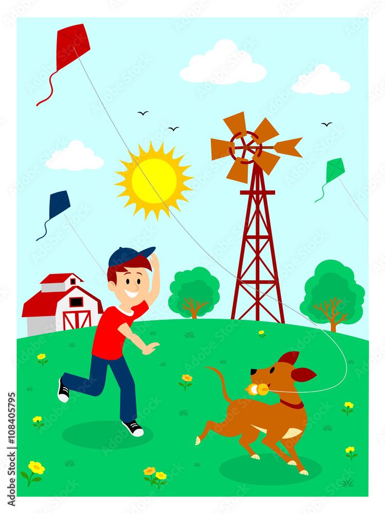 Boy Playing Kite With His Dog Clipart Stock Vector | Adobe Stock