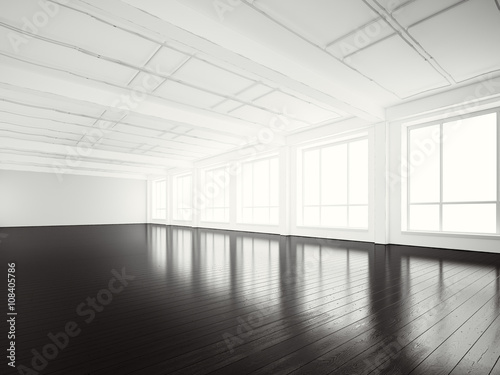 Photo of open space office modern building.Empty white interior loft style with black wood floor and panoramic windows.Abstract background. Ready for business info.Horizontal mockup.3d rendering