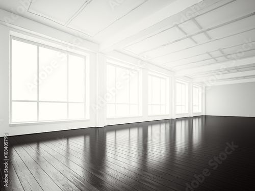 Image of open space office modern building.Empty interior loft style with wood floor and panoramic windows.Abstract background blank walls. Ready for business info.Horizontal mockup.3d rendering