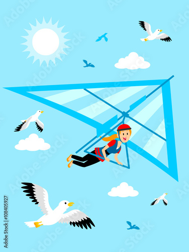Girl Hang Gliding at the Blue Sky Clipart