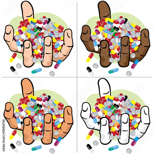 Illustration hands holding many medicines, ethnic
