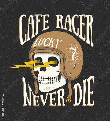 Vintage old school hand drawn styled vector label of skull in helmet. Cafe racer theme. Vector illustration.