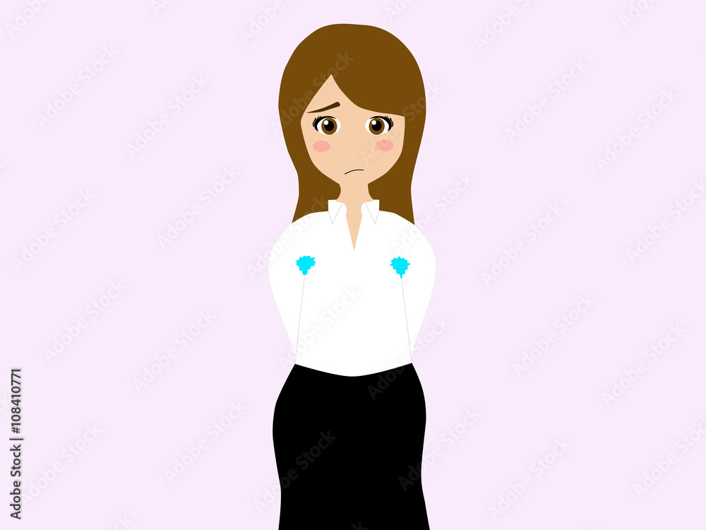 This flat vector illustration depicts that a brunette woman is in trouble with her armpit sweat.