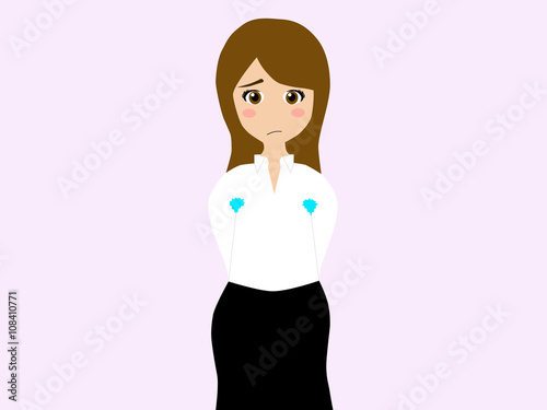 This flat vector illustration depicts that a brunette woman is in trouble with her armpit sweat.