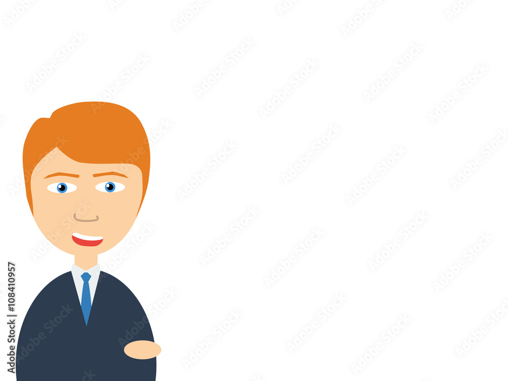 Flat vector illustration of a smiling handsome salesman talking to you as pointing his finger