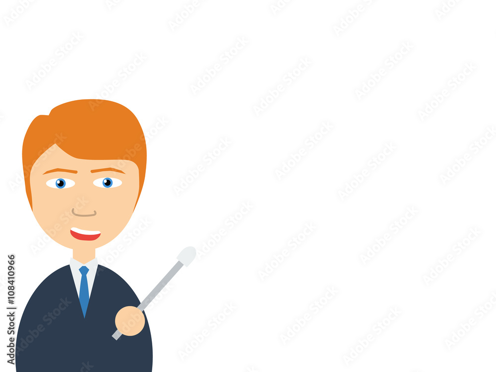 Flat vector illustration of a smiling handsome salesman talking to you as pointing by using a pointer