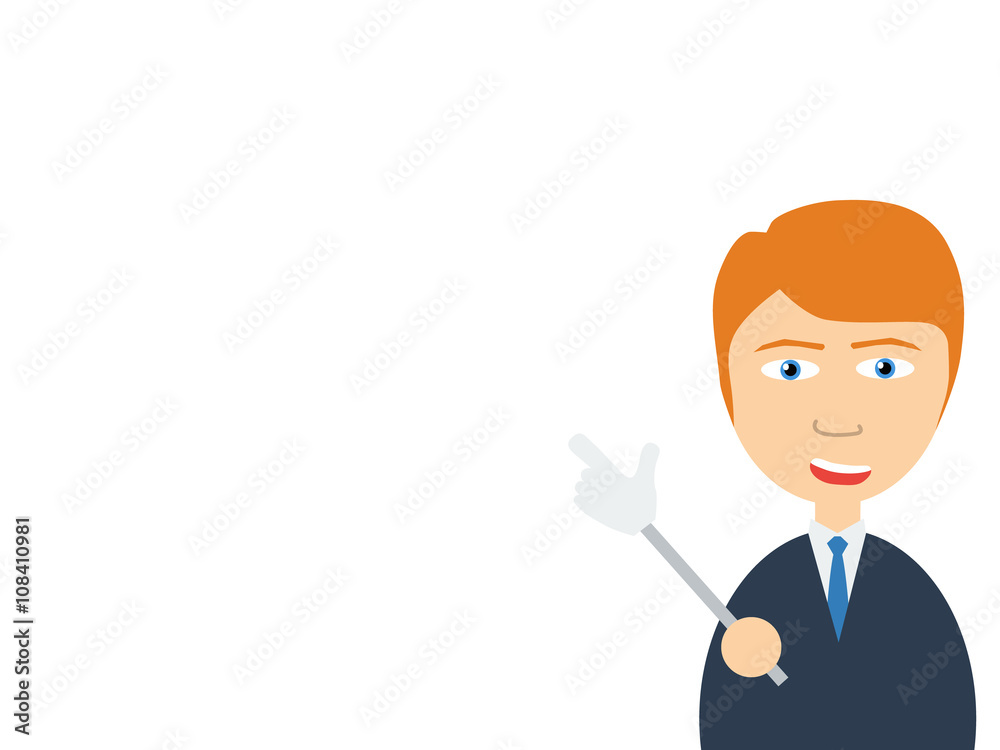 Flat vector illustration of a smiling handsome salesman talking to you as pointing by using a hand shaped pointer.