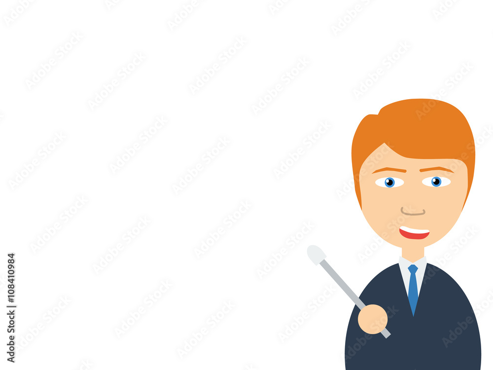 Flat vector illustration of a smiling handsome salesman talking to you as pointing by using a pointer. Flat vector illustration of a smiling handsome salesman talking to you as pointing by using a pointer.