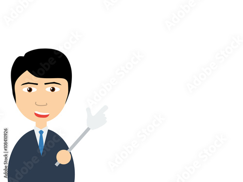 Flat vector illustration of a smiling handsome salesman talking to you as pointing by using a hand shaped pointer