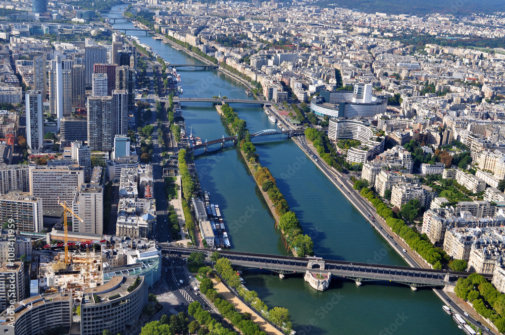 Aerial view of River Seine Paris, France, taken from top of Eiffel Tower