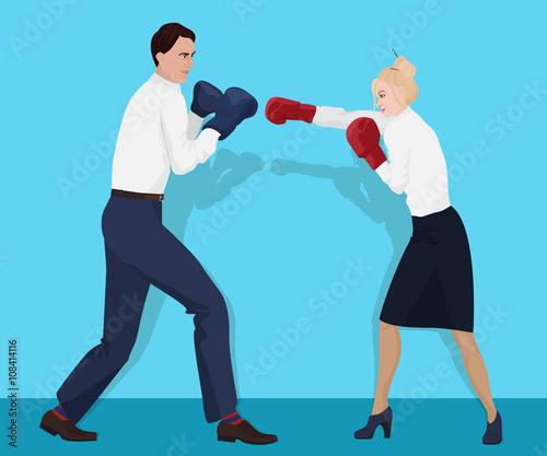Businessman in boxing gloves having a fight with businesswoman. Fighting business partners.