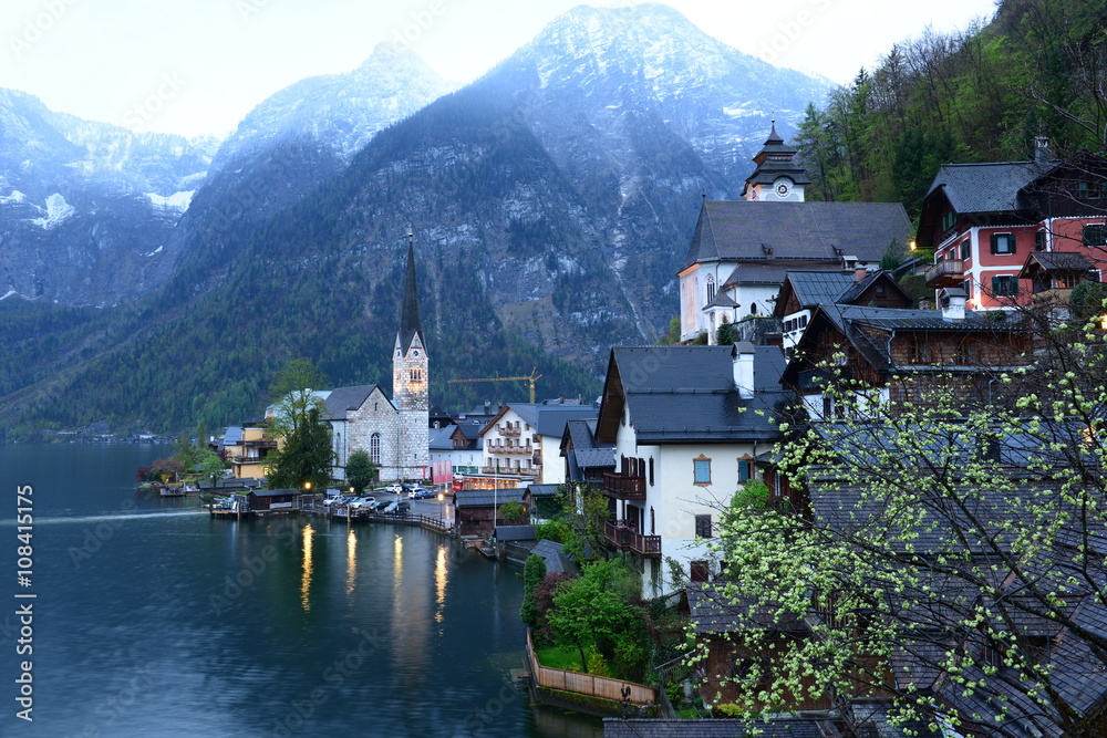 Fototapeta premium Hallstatt village in Alps after raining day, Austria