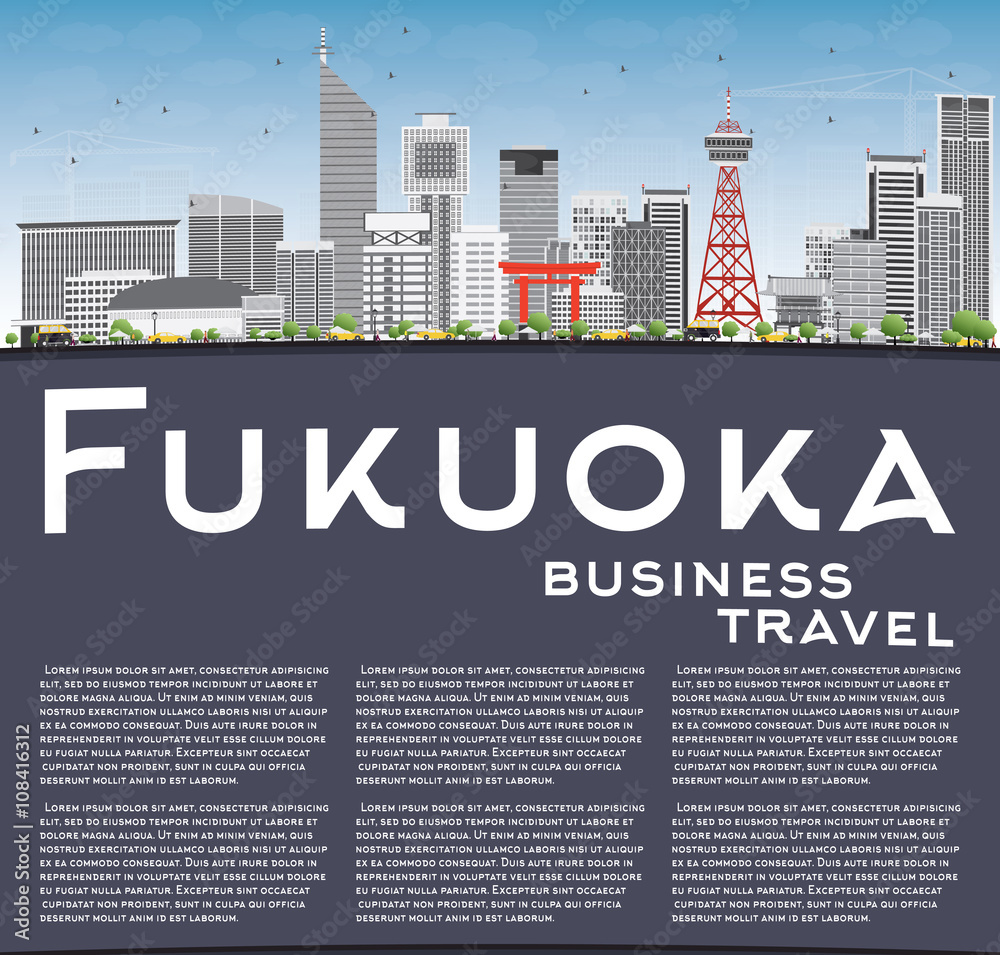 Fukuoka Skyline with Gray Landmarks, Blue Sky and Copy Space.