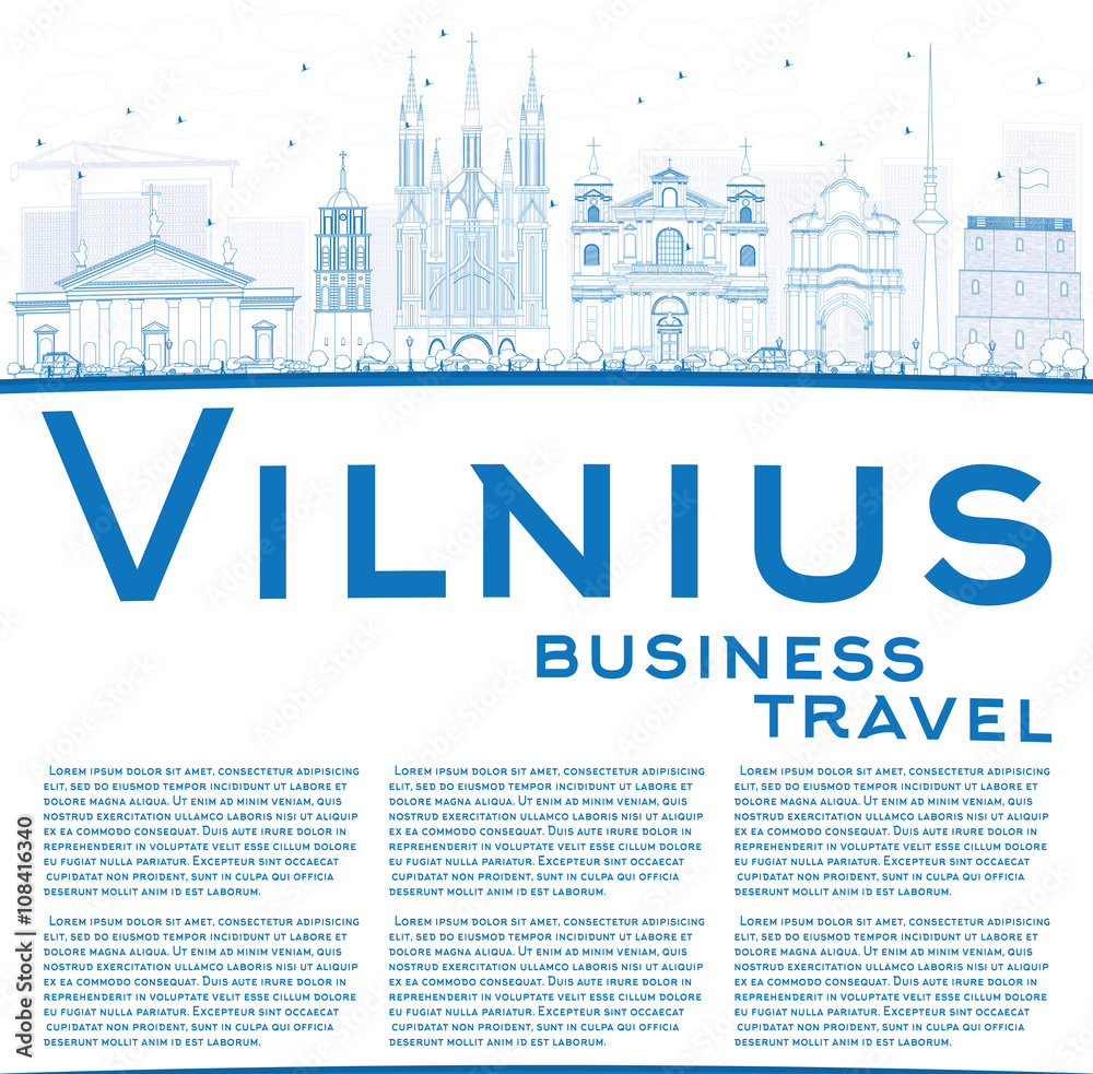 Outline Vilnius Skyline with Blue Landmarks and Copy Space. Outline Vilnius Skyline with Blue Landmarks and Copy Space.