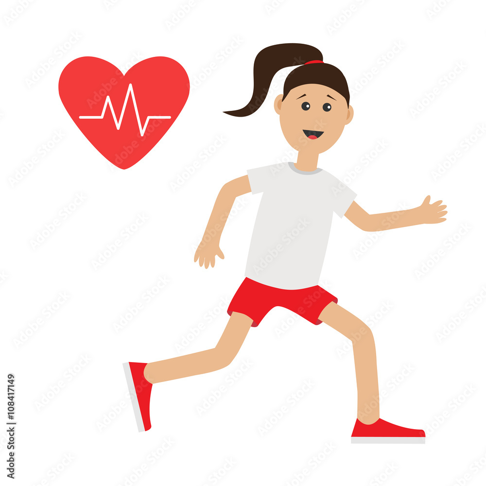 Funny cartoon running girl Heart beat icon Cute run woman Jogging lady Runner Fitness cardio workout running female character  Isolated White background. Flat design